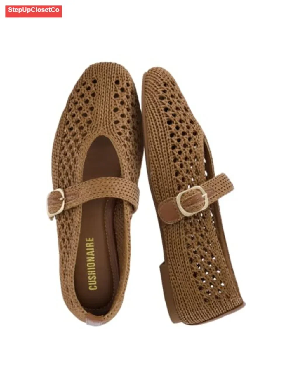Woven Mary Jane Ballet Flats for Women Adjustable Gold-Tone Buckle Memory Foam